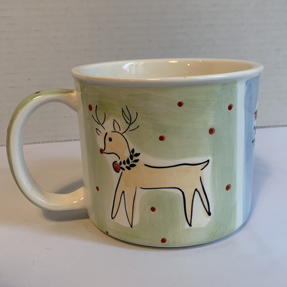 Vintage Large Eddie Bauer Christmas Mug Ceramic. Rudolph Snowman Christmas Trees
